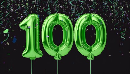 Green birthday / anniversary balloon, number 100, black background with confetti