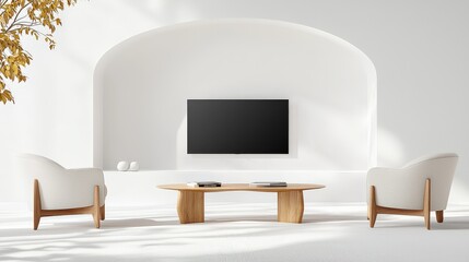 A -style living room with a clean-lined table holding a TV, surrounded by neutral chairs and a comfy sofa.