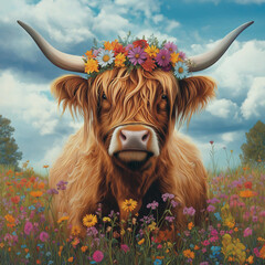 Highland Cow Adorned with a Floral Crown in a Beautiful Meadow of Wildflowers