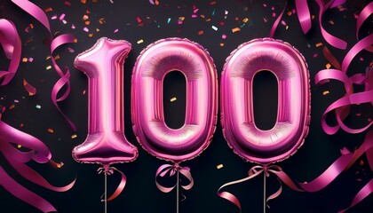 Pink birthday / anniversary balloon, number 100, black background with confetti