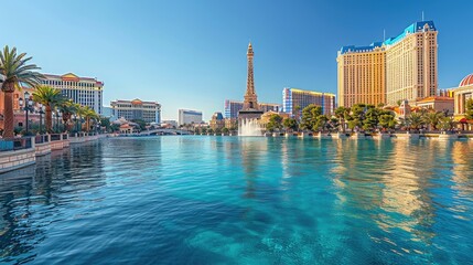 Naklejka premium Scenic view of a water feature with buildings and a replica tower in a vibrant city.