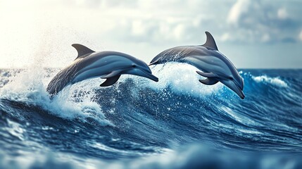Fototapeta premium Two dolphins leap gracefully over the ocean waves.