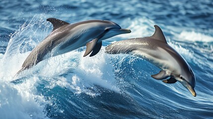 Fototapeta premium Two dolphins leaping gracefully over ocean waves in sunlight.