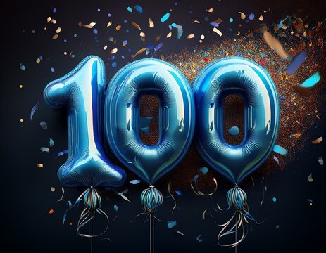 Blue birthday / anniversary balloon, number 100, black background with confetti