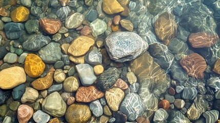Underwater view of colorful stones and pebbles in clear water.