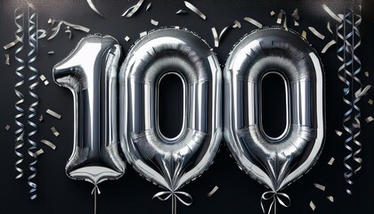 Silver birthday / anniversary balloon, number 100, black background with confetti