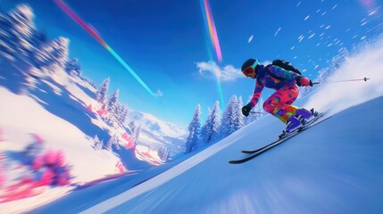 A skier in vibrant attire descends a snowy slope under a bright blue sky.