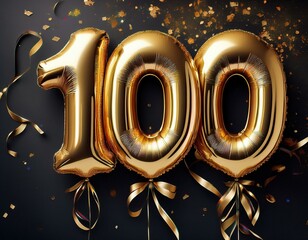 Gold birthday / anniversary balloon, number 100, black background with confetti