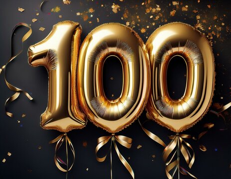 Gold birthday / anniversary balloon, number 100, black background with confetti