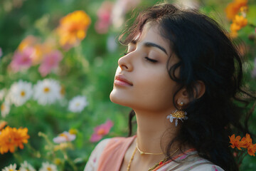 Naklejka premium Young Indian woman finds peace in yoga amidst blooming flowers during sunset. Generative AI