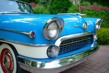 Fototapeta premium Classic blue vintage car showcasing elegant design details in a lush garden setting