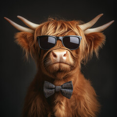 Highland Cow with Sunglasses and Bow Tie - Quirky and Stylish Animal Portrait