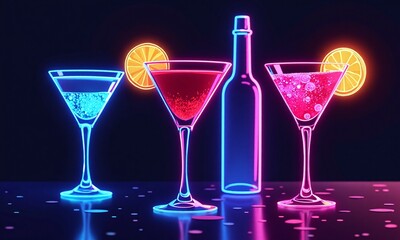 Neon cocktail glasses vibrant glowing drinks colorful bar
