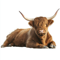 Highland Cow Lying Down on White Background - Isolated Image