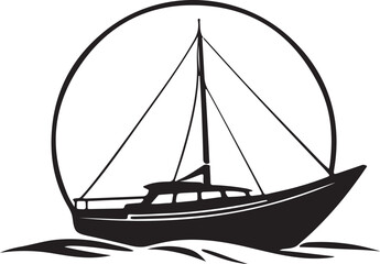 A black and white boat logo type silhouette design