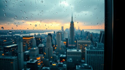 Rainy Day NYC Skyline - AI Photo - Cityscape Through Window - Bright Colors - Sharp Focus - High Quality