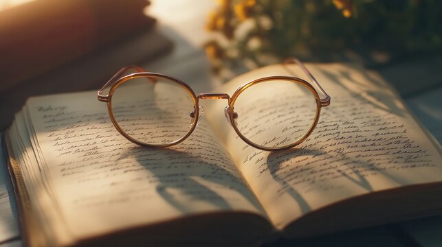 Glasses resting on an open book with handwritten notes in warm sunlight, creating a nostalgic atmosphere in a cozy reading nook