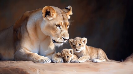 Obraz premium Majestic Lioness Nestled with Her Playful Cubs on a Soft Bed Creating a Heartwarming Scene of Family Bonding and Natural Beauty in the Wild