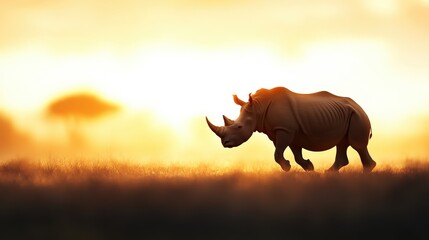 Obraz premium Majestic Rhinoceros Grazing in Lush Green Grassland Under Bright Blue Sky Evoking a Sense of Peace and Connection to Untamed Nature and Wildlife