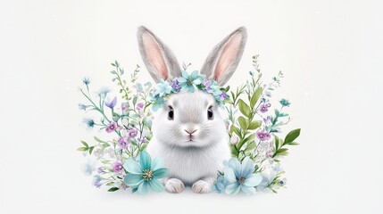 Obraz premium Playful close-up of a rabbit baby with a minimalist Winter flower crown in soft blue, green, and violet hues