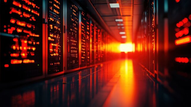 Server room illuminated by red warning lights, signaling a cyberattack in progress.