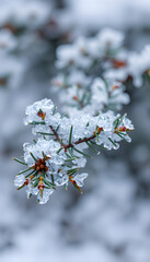 Fototapeta premium winter macro photo spruce branch in ice crystals, with space for text, pop-art. isolated with white highlights