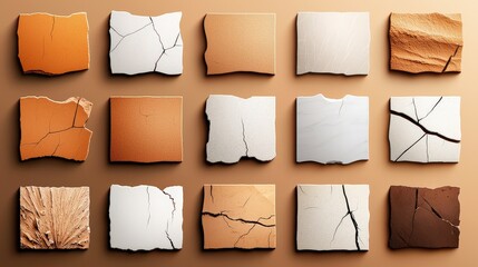 Various cracked wall icons displayed on a warm brown background, ideal for themes related to construction damage, building repair, or decay.