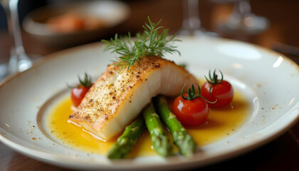 Grilled barramundi fillet with asparagus, cherry tomatoes, scallops, and yellow sauce, white plate