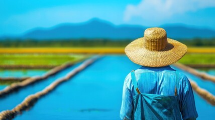 Farmer inspecting water reservoirs, ensuring sustainable supply for both crops and animals.