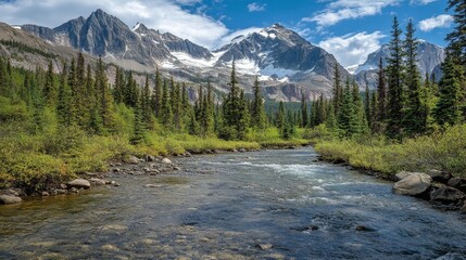 Scenic mountain landscape with a flowing river and lush greenery under a blue sky.