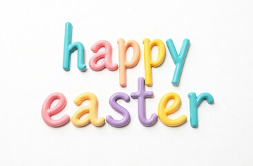 Naklejka premium The inscription Happy Easter on a light background, painted eggs.