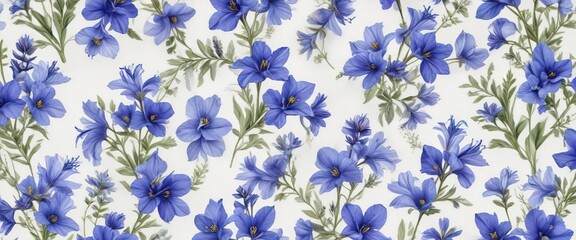 Obraz premium Seamless pattern of blue larkspurs on white background, textile, repeat, nature
