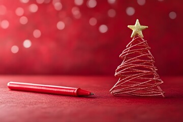 Decorative red Christmas tree and red pen on a festive background with bokeh lights