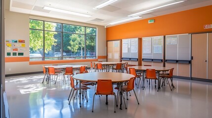 Bright and Airy Classroom with Orange Accents and Modern Furniture