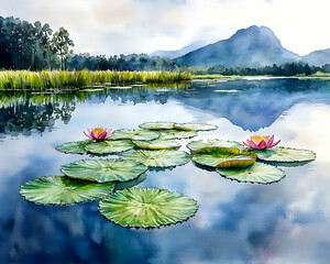 Serene Lake Water Lilies Mountain Reflection Peaceful Landscape Poster Print.