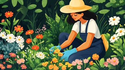 A Young Woman Tending Her Vibrant Flower Garden