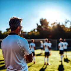 Fototapeta premium A male coach observes his team practice under a vibrant sunset.