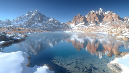 Snowy mountain lake reflection, winter landscape, serene alpine scenery, travel poster.