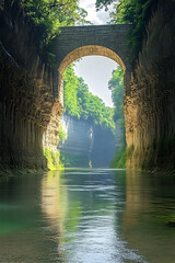 Stone bridge arching over tranquil river gorge, lush greenery, sunlight, travel destination.