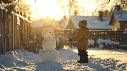 Obraz premium A child building a snowman in a cozy backyard with a wooden fence and snow-covered rooftops in the background