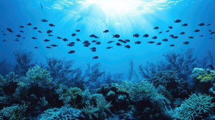 Fototapeta premium Underwater scene showcasing vibrant coral reefs and schools of fish in sunlight.