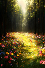 Sunlit Forest Path, Vibrant Wildflowers, Peaceful Nature Scene, Wallpaper, Website Background.