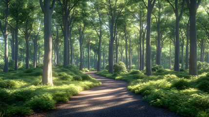 Obraz premium Sunlit Forest Path Winding trail through lush green woodland, dappled sunlight, nature background, ideal for travel or wellness websites.