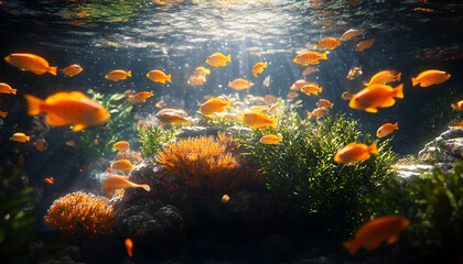 Naklejka premium Sunlit Orange Fish Schooling Coral Reef Underwater Scene.