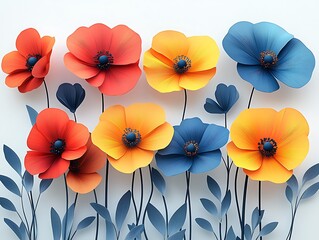 Vibrant geometric flowers blooming in a symphony of colors, white background, organic geometry, floral elegance, vector graphic, simple animated design, geometric 