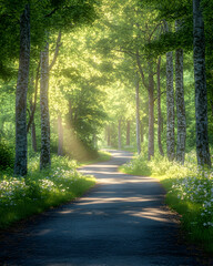 Fototapeta premium Sunlit Path Winding Through Lush Green Forest, Nature Walk, Serene Background, Ideal for Travel Brochures.