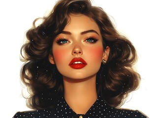 Fototapeta premium Vintage Fashion Illustration: A glamorous 1950s-style woman in a polka-dot dress, exuding elegance and retro fashion flair, white background, fashion illustration ::2 classic beauty, pin-up 