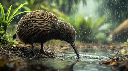 A brown kiwi bird drinks water from a puddle in a lush rainforest during rainfall.