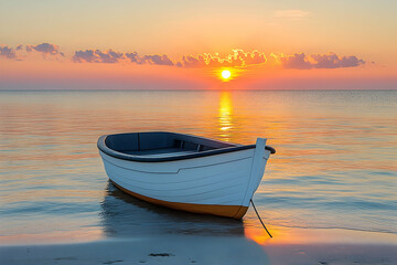 Fototapeta premium Sunrise beach boat calm ocean peaceful sunset travel postcard.