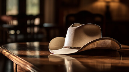 Close up of cowboy hat on wooden table sunny light on it generated.AI